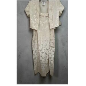 JR Nites by Caliendo Ivory Leaf Jacquard Dress & Bolero Jacket Set Womens 12 NEW